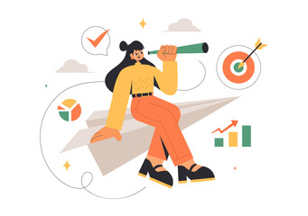 Vector Illustration of Women Leaders in Business, featuring a Female Leader in Meetings Focused on Career Growth, Victory, and Goal Achievement