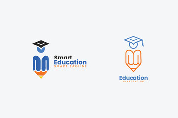 Unique logos representing smart education with graduation caps and pencil designs