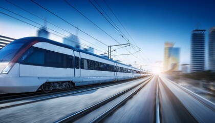 Fototapeta premium electric passenger train Drive at high speed amidst the urban landscape.