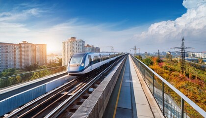 Fototapeta premium electric passenger train Drive at high speed amidst the urban landscape.