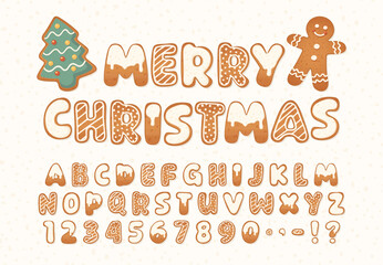 Christmas gingerbread cookies hand drawn alphabet with uppercase letters, numbers and punctuation. Display New Year font decorated with icing. Winter holiday typography symbols. Vector illustration.