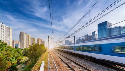 Fototapeta premium electric passenger train Drive at high speed amidst the urban landscape.