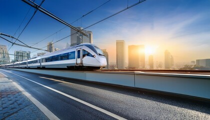 Fototapeta premium electric passenger train Drive at high speed amidst the urban landscape.