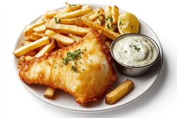 Crispy fish and chips with tartar sauce. This photo is perfect for illustrating a meal, restaurant, or food blog.