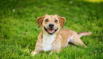 Happy dog lying on green grass, enjoying a sunny day outdoors.