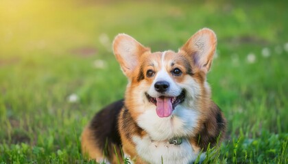Happy corgi sitting on green grass in warm sunlight.