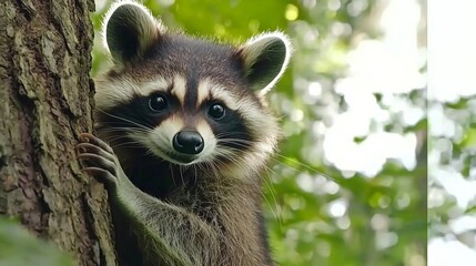 Fototapeta premium A curious raccoon peeks from behind a tree trunk in a lush green forest during daylight hours