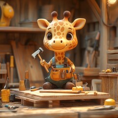 Fototapeta premium A cute cartoon giraffe wearing overalls and holding a hammer is sitting in a workshop.
