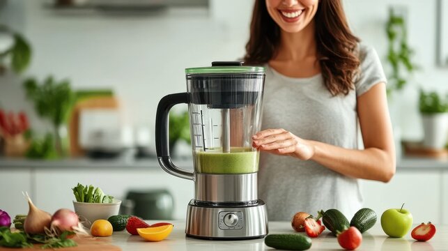 A cheerful woman operates a blender surrounded by fresh vegetables and fruits, promoting a healthy lifestyle in a modern kitchen setting.