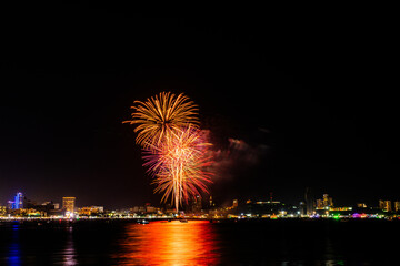 Brilliant red fireworks explode against a dark night sky, illuminating a cityscape below. Vibrant bursts and smoke create a festive, dynamic atmosphere, capturing the excitement of celebration.