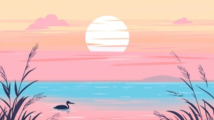 A tranquil lake scene with a bird swimming towards a bright sun setting over the horizon.