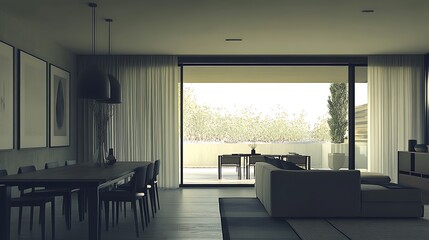 Fototapeta premium Modern living room with large windows and patio access, showcasing minimalist design and a neutral color palette.