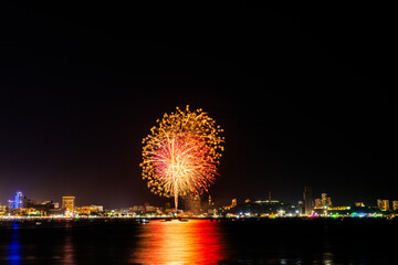 Brilliant red fireworks explode against a dark night sky, illuminating a cityscape below. Vibrant...