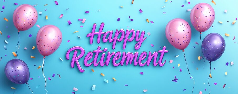 A festive retirement celebration featuring colorful balloons, confetti, and the words "Happy Retirement" in bright, cheerful letters.