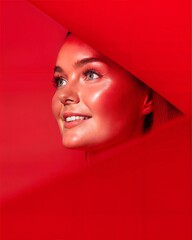 Vibrant Close-up Portrait of Smiling Woman with Red Background