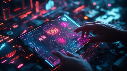 Digital illustration depicting hands holding an digital hologram screen