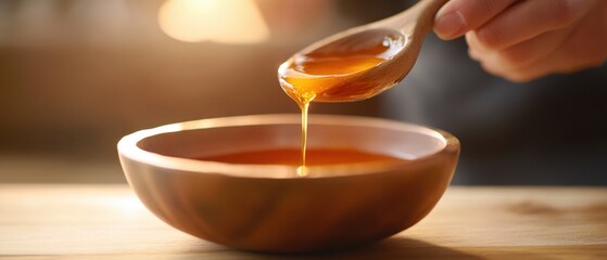 A wooden spoon drizzling honey into a bowl, capturing the essence of natural sweetness.
