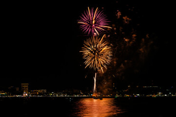 Brilliant red fireworks explode against a dark night sky, illuminating a cityscape below. Vibrant...