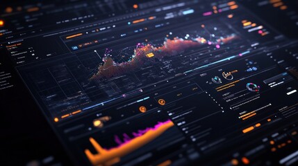 Obraz premium A close-up view of a computer screen displaying a digital dashboard with graphs, charts, and data visualizations.