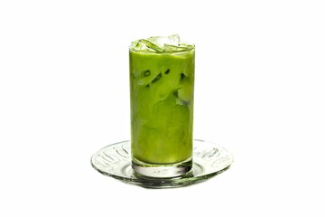 Ice Green tea serving on glass in white background with isolated concept.