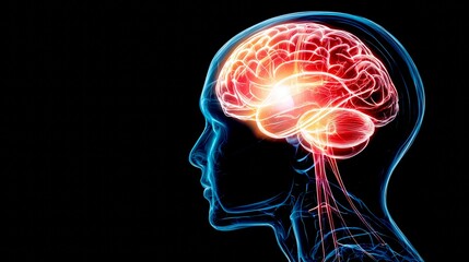 Neurotechnology Brain and Computer Interfaces concept. A glowing brain illustration in profile view, showcasing neural connections and activity against a black background.
