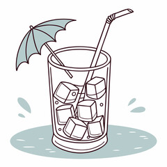 A glass with ice inside and umbrella on top