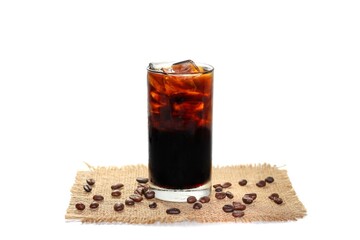 Americano ice coffee serving on sack and coffee beans spread in white background with isolated concept.