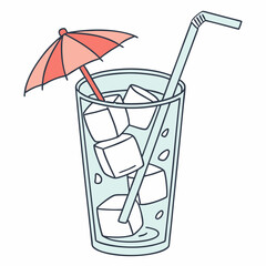 A glass with ice inside and umbrella on top