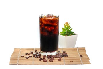 Americano ice coffee serving on bamboo plates in white background and isolate concept.