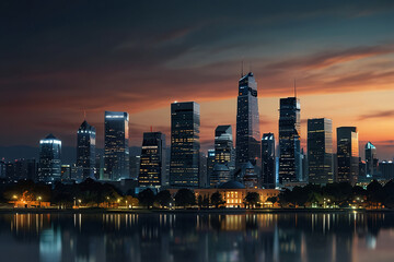 Fototapeta premium Modern cityscape at night with lights and tall buildings