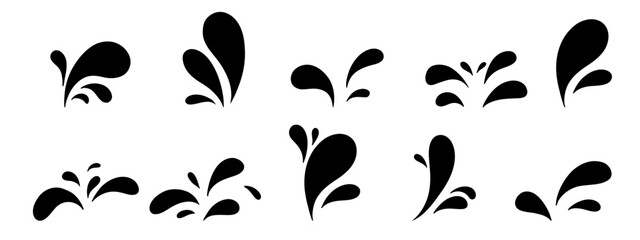 Water drops and splash stencil. Black Liquid design elements, droplets silhouette icons. Vector collection isolated on transparent background