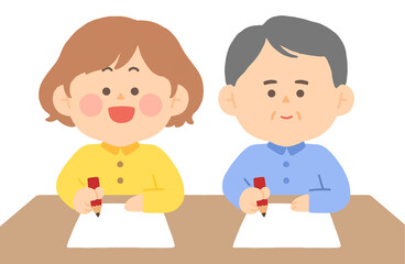 서류를 작성중인 젊은 여자와 중년 남자