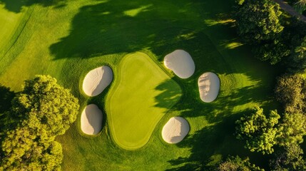A golf course fairway lined with bunkers, sunny outdoor setting with lush greenery, Lush style