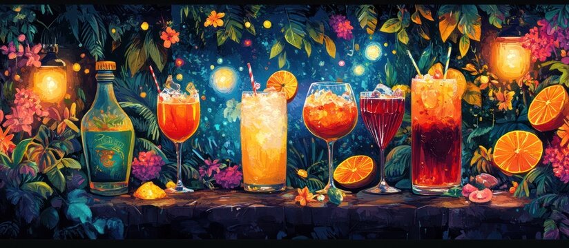 A variety of cocktails and a bottle of liqueur in a tropical garden setting with glowing lights and foliage.