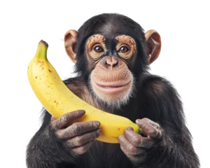 Fototapete playful monkey holding ripe banana, showcasing curious expression. This charming scene captures essence of wildlife and nature © Alice a.