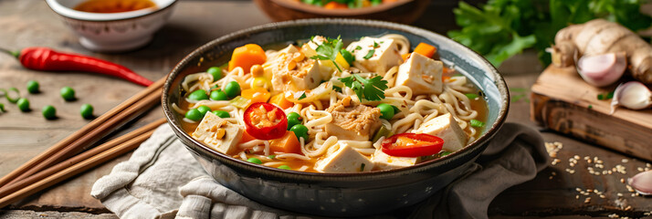 Appealing Asian Noodle Bowl Recipe Set On Rustic Wooden Table