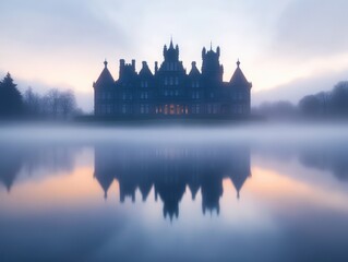 Fototapeta premium A mysterious mansion shrouded in fog, reflecting on a tranquil lake at dawn.