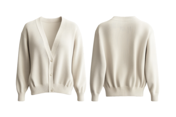 beautiful plain women's soft cream cardigan mockup, front and back view. transparent background