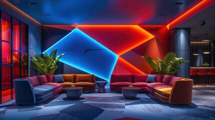 A modern lounge area with colorful lighting, geometric patterned carpet, and comfortable seating.