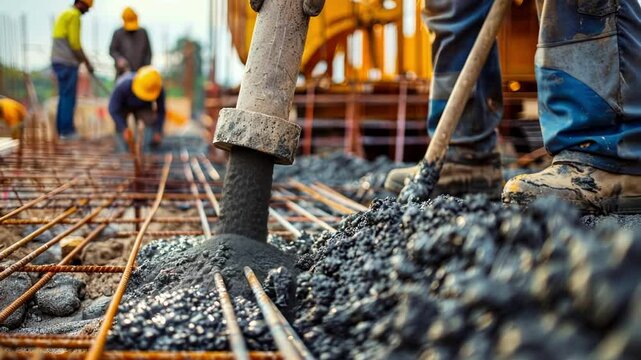 A team of workers is pouring concrete into the foundation of the barrier ensuring stability and strength.