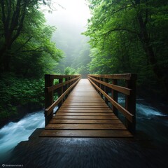 A serene wooden bridge surrounded by lush greenery and misty landscapes.