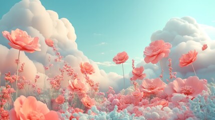 A field of pink flowers reaching up into a sky filled with fluffy clouds.
