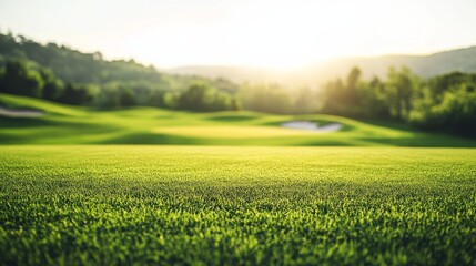 A golf course green with a focus on the freshly cut grass, outdoor setting with morning sunlight, Elegant style