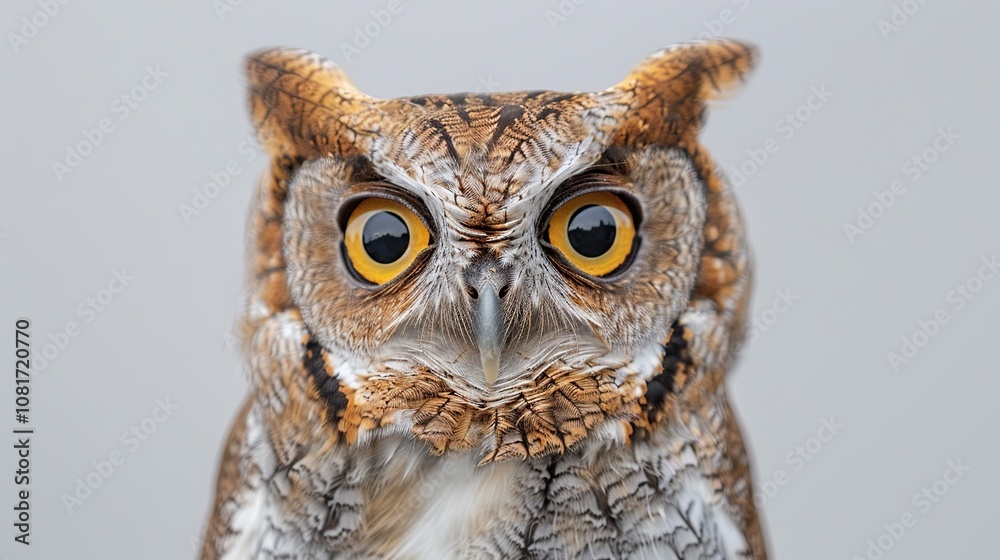 Wall mural A close-up portrait of an owl with large, bright yellow eyes staring directly at the camera against a white background.