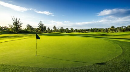 A golf course with a flagstick and hole, lush green fairway, Elegant style