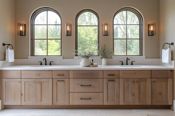 Modern bathroom with wooden cabinets and lights interior design