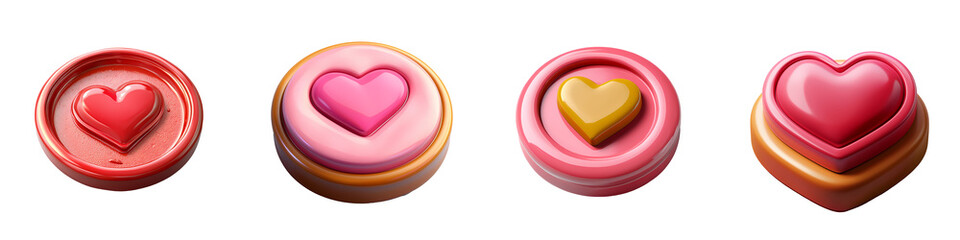 pink wax seal stamp with heart imprint realistic detail 3D illustration isolated on white and transparent background