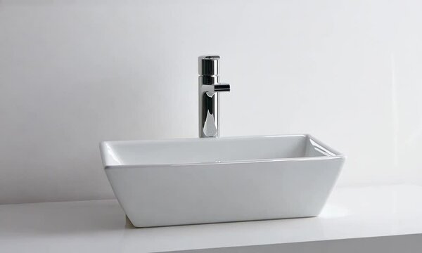 Modern white wash basin with metal tap mirror above it, closeup