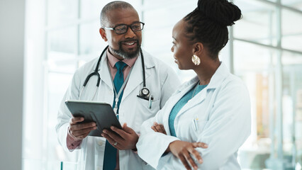 Teamwork, internet and doctors with tablet, healthcare and feedback for schedule. Employees,...