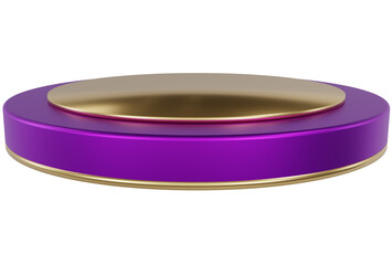 Purple and gold pedestal display platform with tiered modern podium stand. Empty Exhibition stage background or empty product shelves.